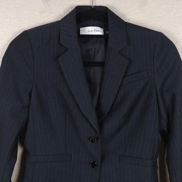 Calvin Klein Black Pinstripe One Notch Two Button Front Long Sleeve Crop Blazer - Picture 2 of 13